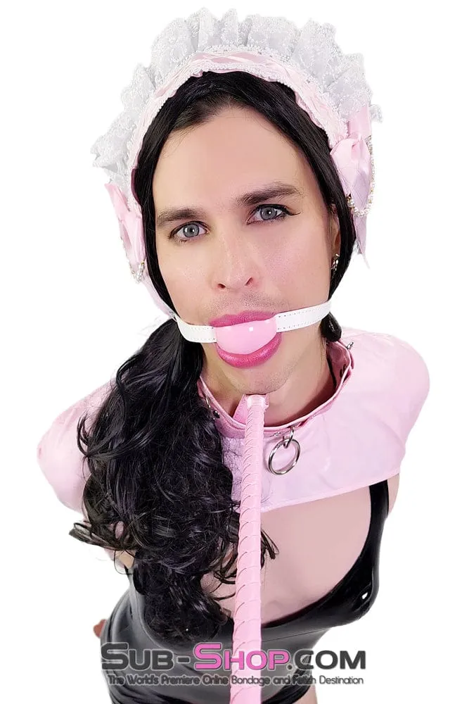 0445DL-SIS      Large Pink Pretty Sissy Slave Rubber Ballgag on BDSM Mistress White Strap