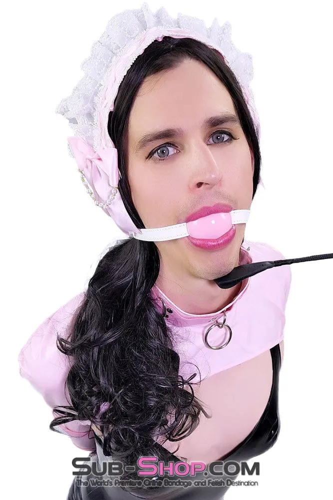 0445DL-SIS      Large Pink Pretty Sissy Slave Rubber Ballgag on BDSM Mistress White Strap