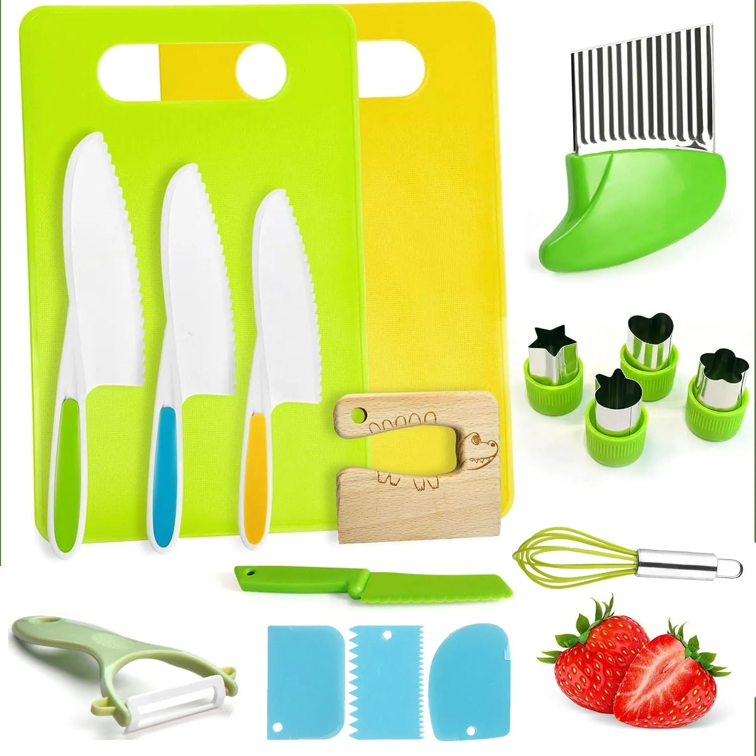 17Pcs Montessori Kitchen Tools Toddlers-Kids Cooking Sets Real-Toddler Safe Knives Set Kitchen Cookware Baking Toy Sets Educational Gift for 3-12 Years Old Toddlers Kids Boys Girls