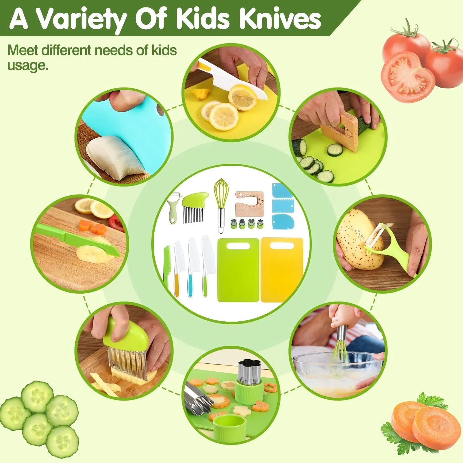 17Pcs Montessori Kitchen Tools Toddlers-Kids Cooking Sets Real-Toddler Safe Knives Set Kitchen Cookware Baking Toy Sets Educational Gift for 3-12 Years Old Toddlers Kids Boys Girls