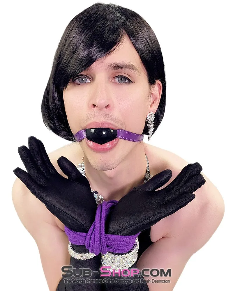 7087DL-SIS      Sissy Boi Cocksucker Gag Large Sissy Bitch Black Rubber Ballgag on Purple Strap